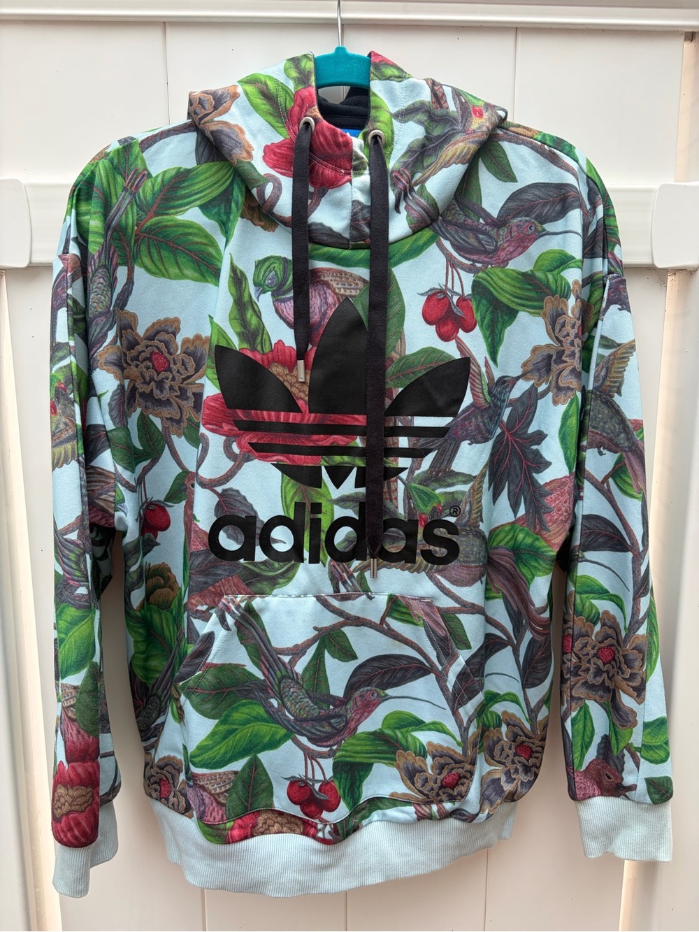 adidas Light Blue Floral Trefoil Hoodie with Black Logo